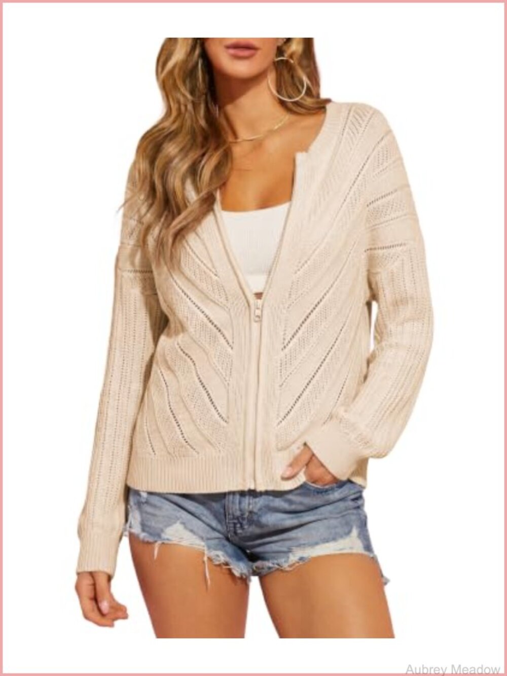 ECOWISH Crochet Cardigan Sweater Women Short Zip Up Long Sleeve Hollow Out
